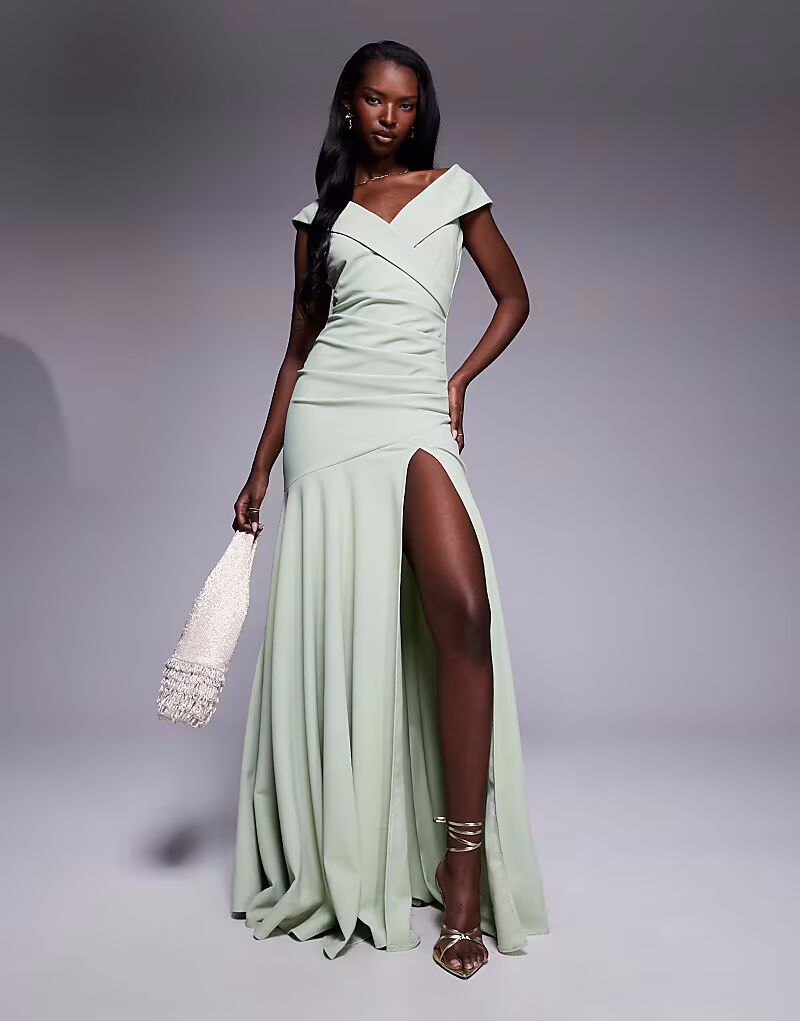 Платье макси Goddiva Scuba из крепа с открытыми плечами и разрезом спереди в цвете шалфей