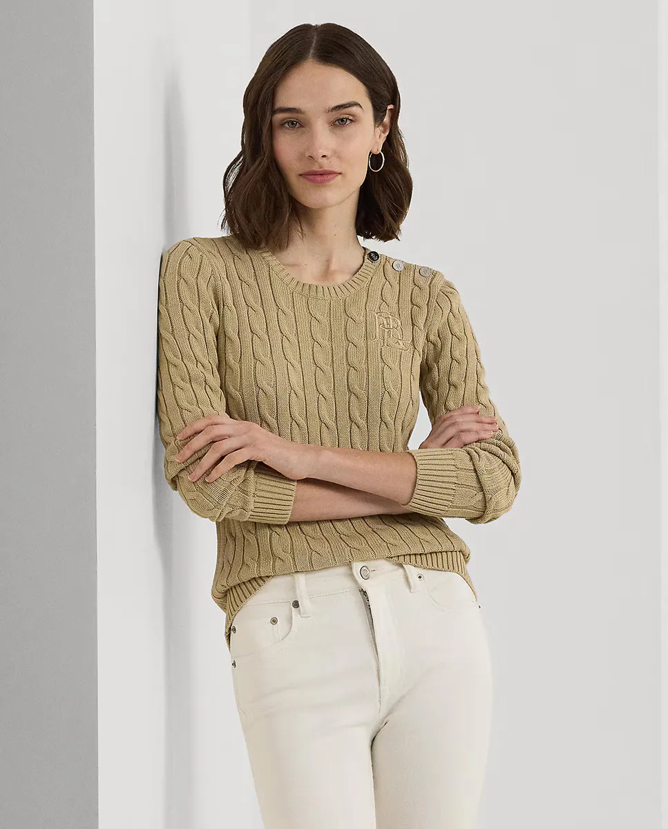 Женский хлопковый свитер косой вязки Lauren Ralph Lauren, бежевый 
Женский хлопковый свитер косой вязки Lauren Ralph Lauren, бежевый