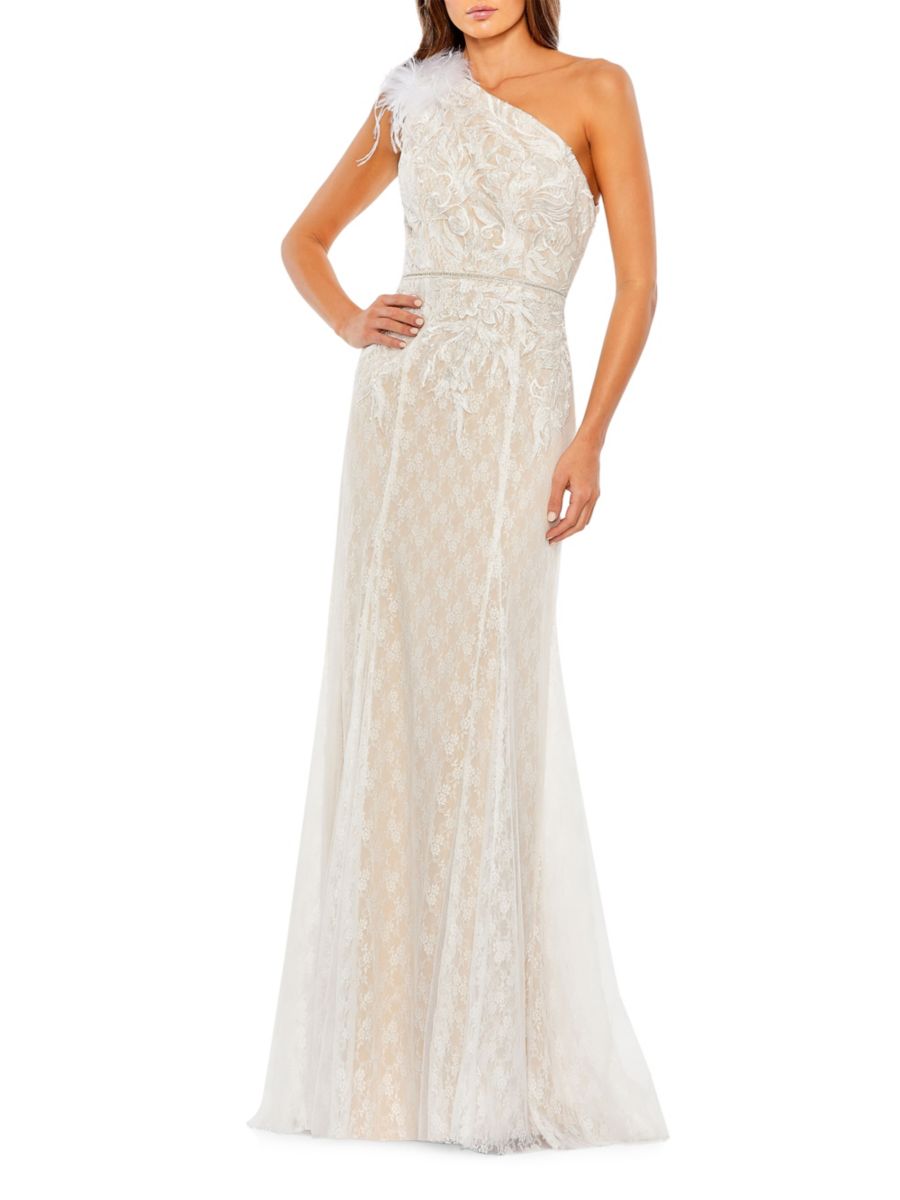 Платье на одно плечо со страусиными перьями и кружевом Mac Duggal, слоновая кость 
Платье на одно плечо со страусиными перьями и кружевом Mac Duggal, слоновая кость