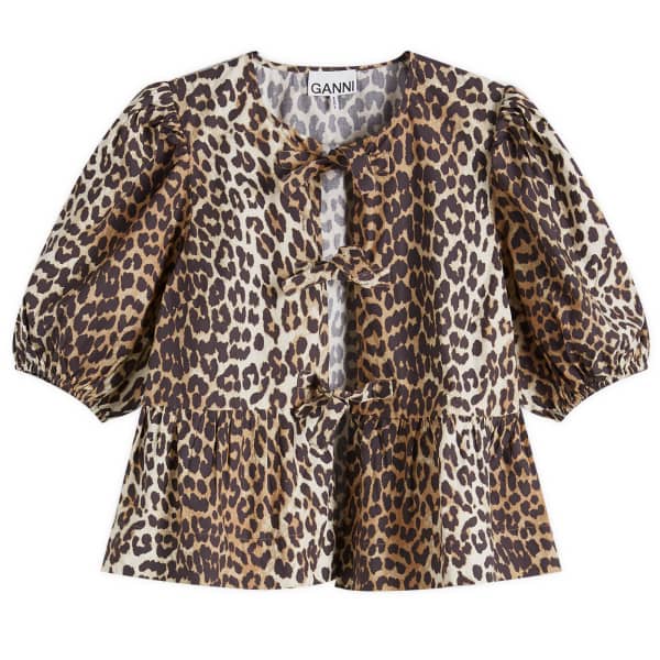 Блузка из хлопкового поплина с принтом и баской Ganni, леопардовый принт
Блузка из хлопкового поплина с принтом и баской Ganni, леопардовый принт