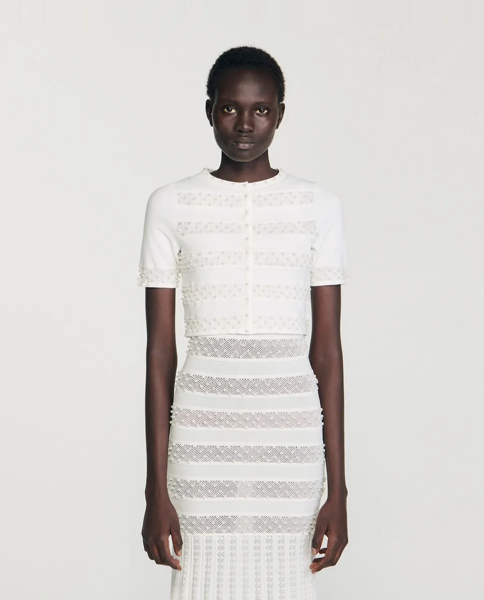 Короткий женский кардиган с жемчугом Sandro, белый
Короткий женский кардиган с жемчугом Sandro, белый