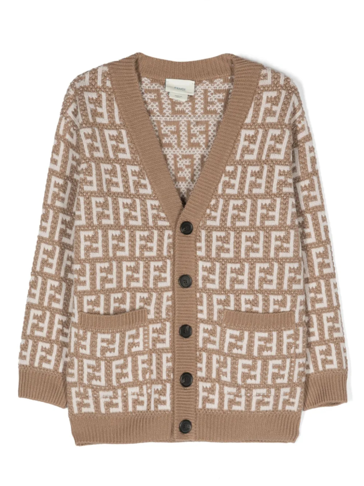 Кардиган вязки интарсия с V-образным вырезом и логотипом FF Fendi Kids, нейтральный
Кардиган вязки интарсия с V-образным вырезом и логотипом FF Fendi Kids, нейтральный