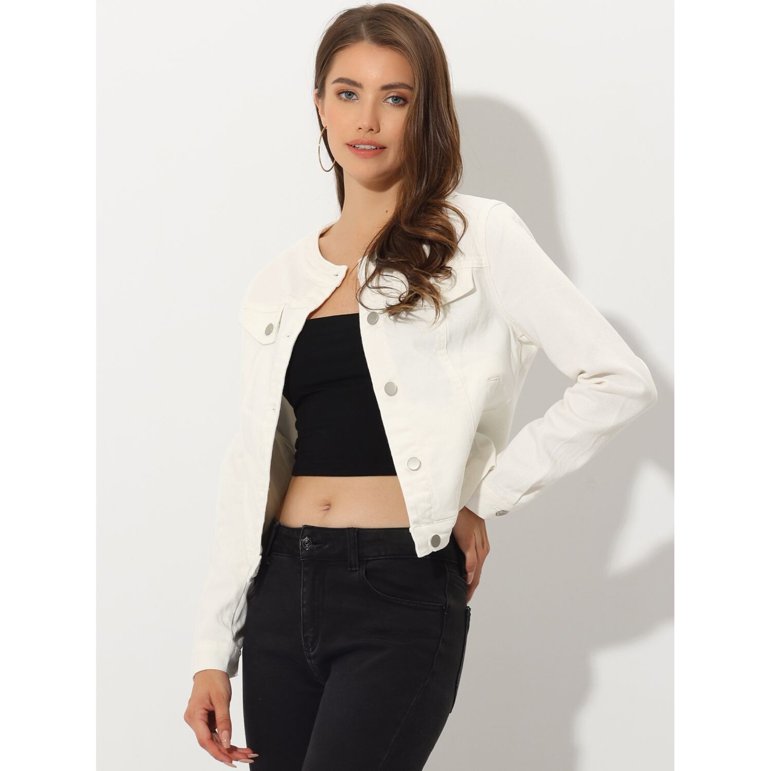 Женская укороченная джинсовая куртка без воротника на пуговицах с длинными рукавами ALLEGRA K, черный
Женская укороченная джинсовая куртка без воротника на пуговицах с длинными рукавами ALLEGRA K, черный