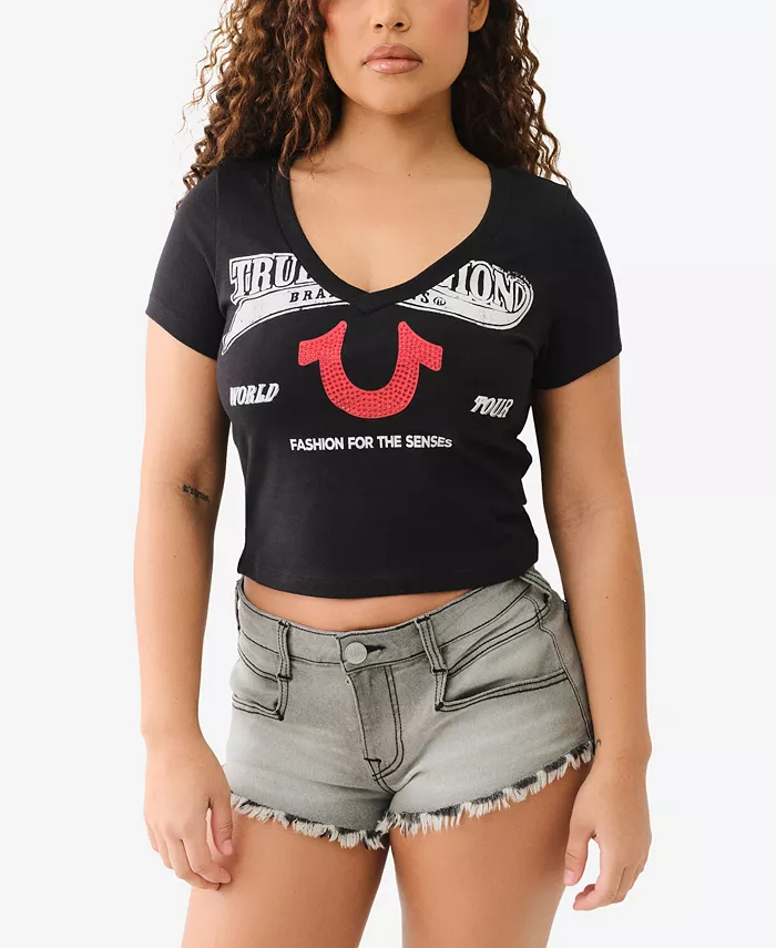 Женская V-образная блузка с кристаллами и логотипом Baby T-Shirt True Religion, черный 
Женская V-образная блузка с кристаллами и логотипом Baby T-Shirt True Religion, черный