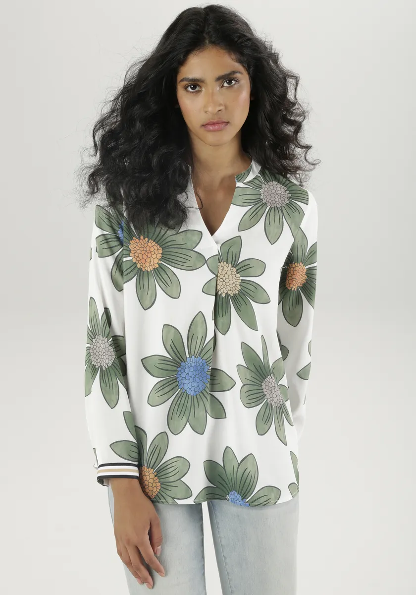 Блуза без застежки Aniston SELECTED с полосатыми манжетами - НОВАЯ КОЛЛЕКЦИЯ, бежевый