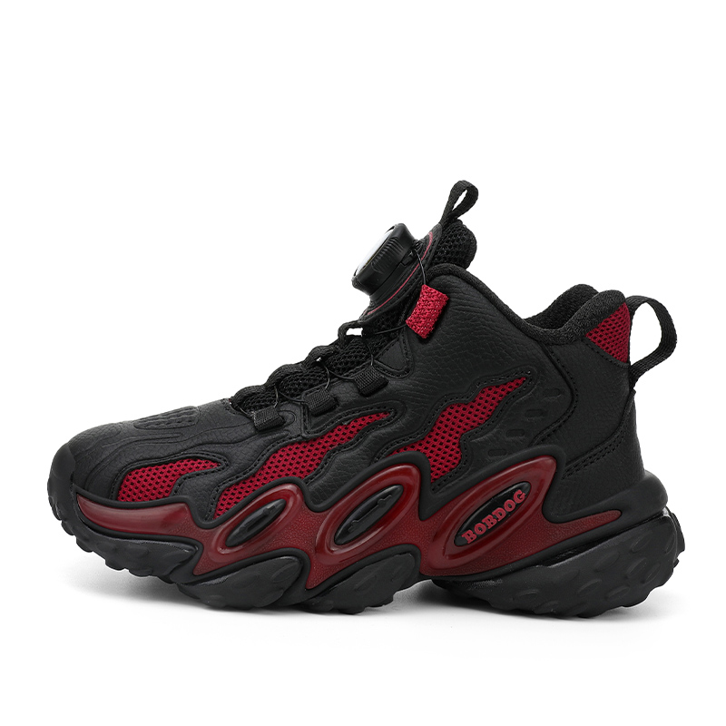 Детские баскетбольные кроссовки с противоскользящим эффектом, дышащие, легкие, амортизирующие, с высоким верхом BOBDOG, черный/красный 
Детские баскетбольные кроссовки с противоскользящим эффектом, дышащие, легкие, амортизирующие, с высоким верхом BOBDOG, черный/красный