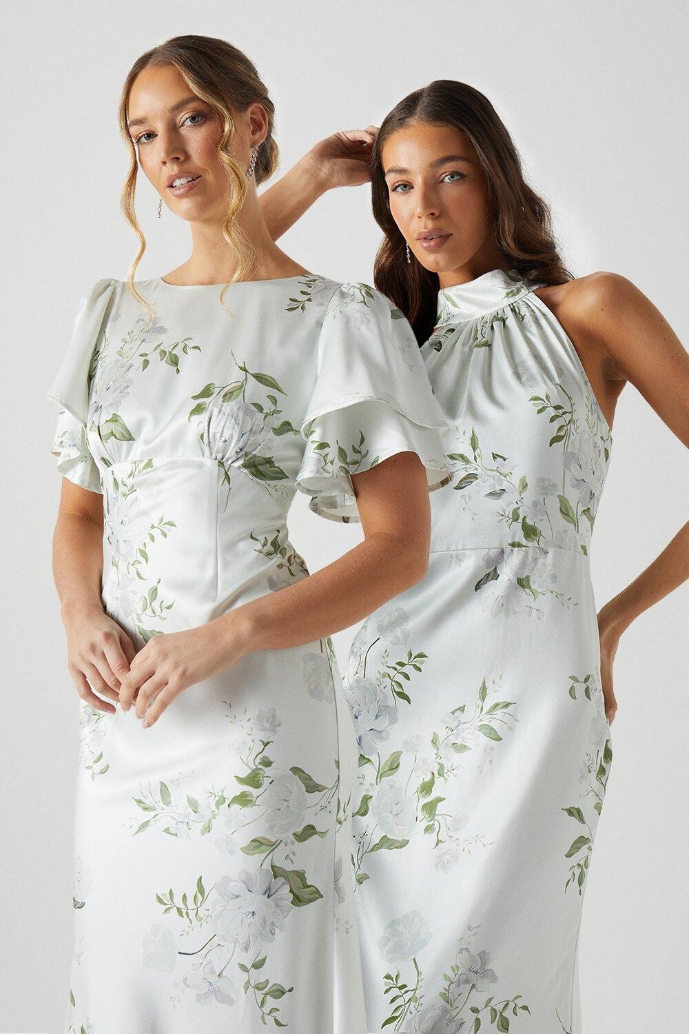 Атласное платье подружки невесты с рукавами ангела и принтом Dahlia Coast, мультиколор