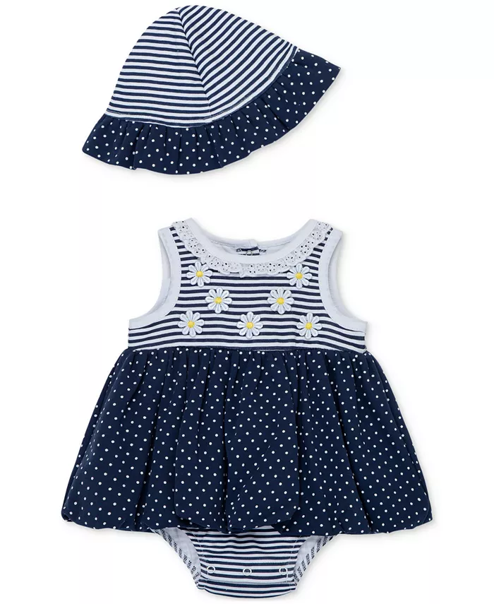 Комплект для девочек из 2 предметов: платье-сарафан и шапочка Daisies Stripe Popover Little Me, синий 
Комплект для девочек из 2 предметов: платье-сарафан и шапочка Daisies Stripe Popover Little Me, синий