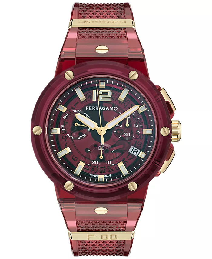 Мужские часы Swiss Chronograph F-80 с прозрачным бордовым полиуретановым ремешком, 44 мм Ferragamo
Мужские часы Swiss Chronograph F-80 с прозрачным бордовым полиуретановым ремешком, 44 мм Ferragamo