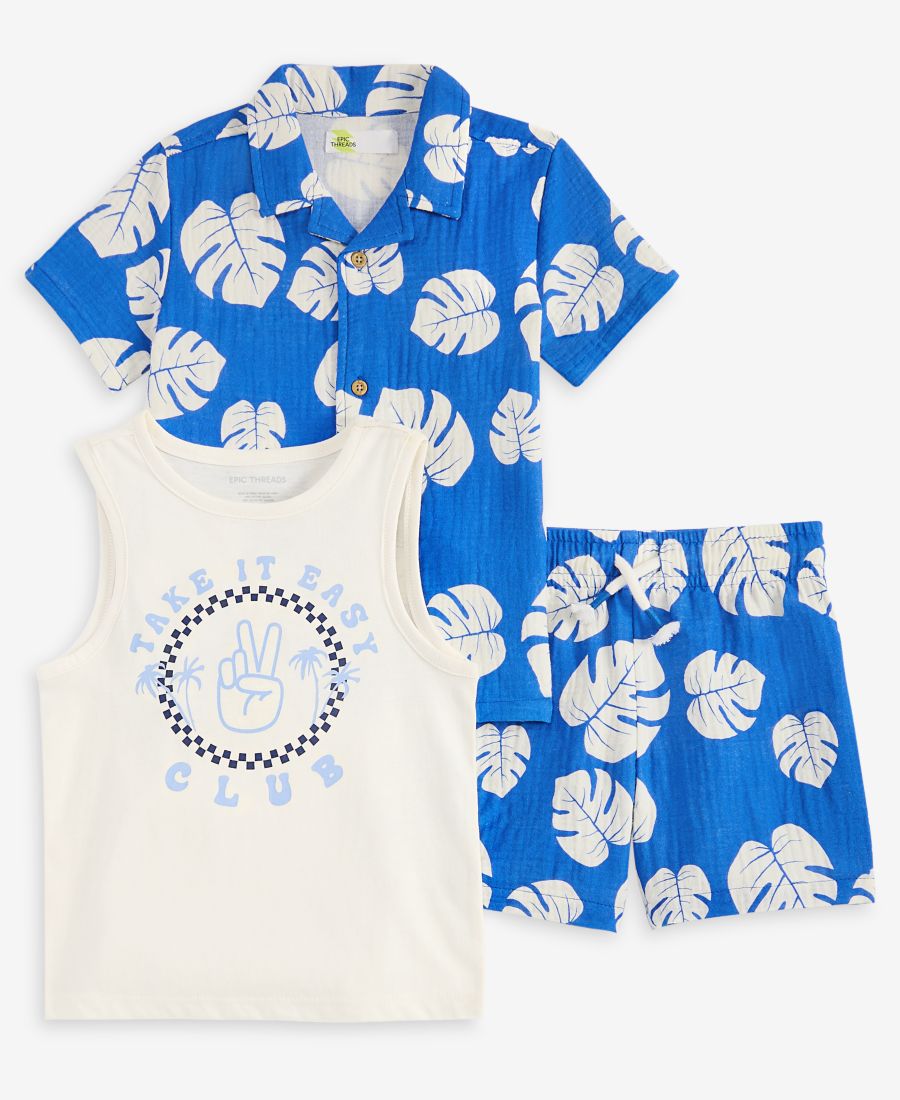 Детский комплект для малышей 2T-4T: футболка, майка и шорты с принтом в виде листьев Epic Threads, Cosmic Cobalt/Off White
Детский комплект для малышей 2T-4T: футболка, майка и шорты с принтом в виде листьев Epic Threads, Cosmic Cobalt/Off White