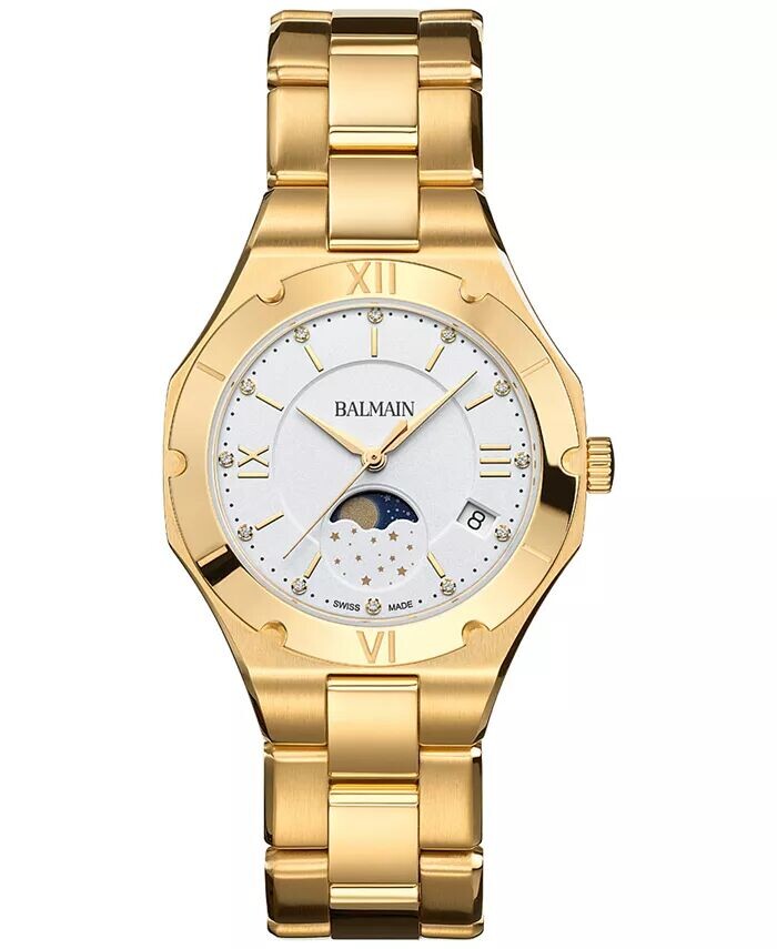 Женские швейцарские часы Be Balmain Moonphase Diamond (1/20 карата) с золотым браслетом из нержавеющей стали с PVD-покрытием, 33 мм, желтый
Женские швейцарские часы Be Balmain Moonphase Diamond (1/20 карата) с золотым браслетом из нержавеющей стали с PVD-покрытием, 33 мм, желтый