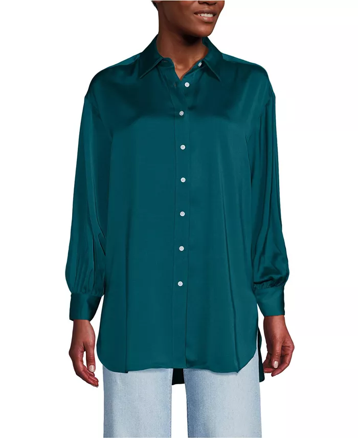 Женская удлиненная туника с длинными рукавами и пуговицами из атласа oversize Lands' End, синий 
Женская удлиненная туника с длинными рукавами и пуговицами из атласа oversize Lands' End, синий