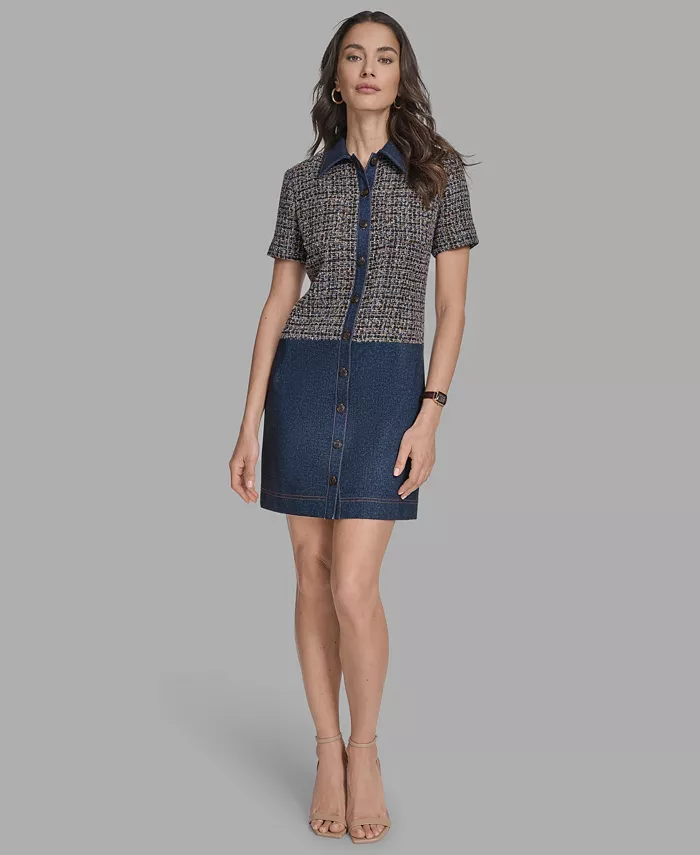 Женское мини-платье из твида и денима с короткими рукавами и заниженной талией BCBG, красный 
Женское мини-платье из твида и денима с короткими рукавами и заниженной талией BCBG, красный