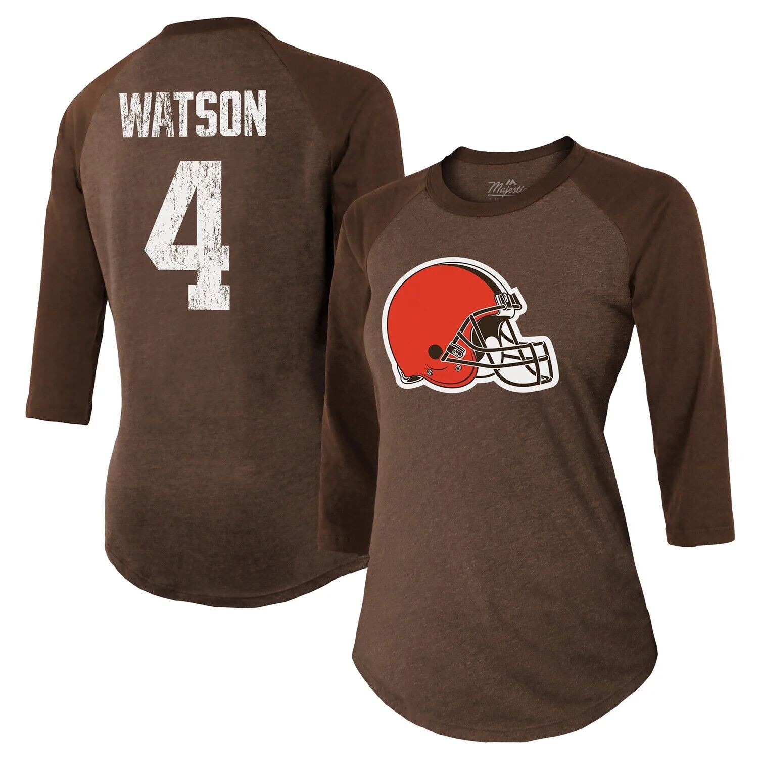 Женская футболка Majestic Threads Deshaun Watson Brown Cleveland Browns с именем и номером реглан с рукавами 3/4 Majestic 
Женская футболка Majestic Threads Deshaun Watson Brown Cleveland Browns с именем и номером реглан с рукавами 3/4 Majestic