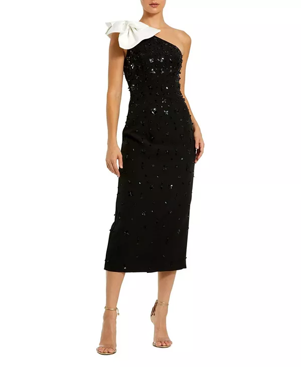 Платье-Миди из крепа с одним открытым плечом, расшитое бисером, с бантом. Mac Duggal, черный
Платье-Миди из крепа с одним открытым плечом, расшитое бисером, с бантом. Mac Duggal, черный