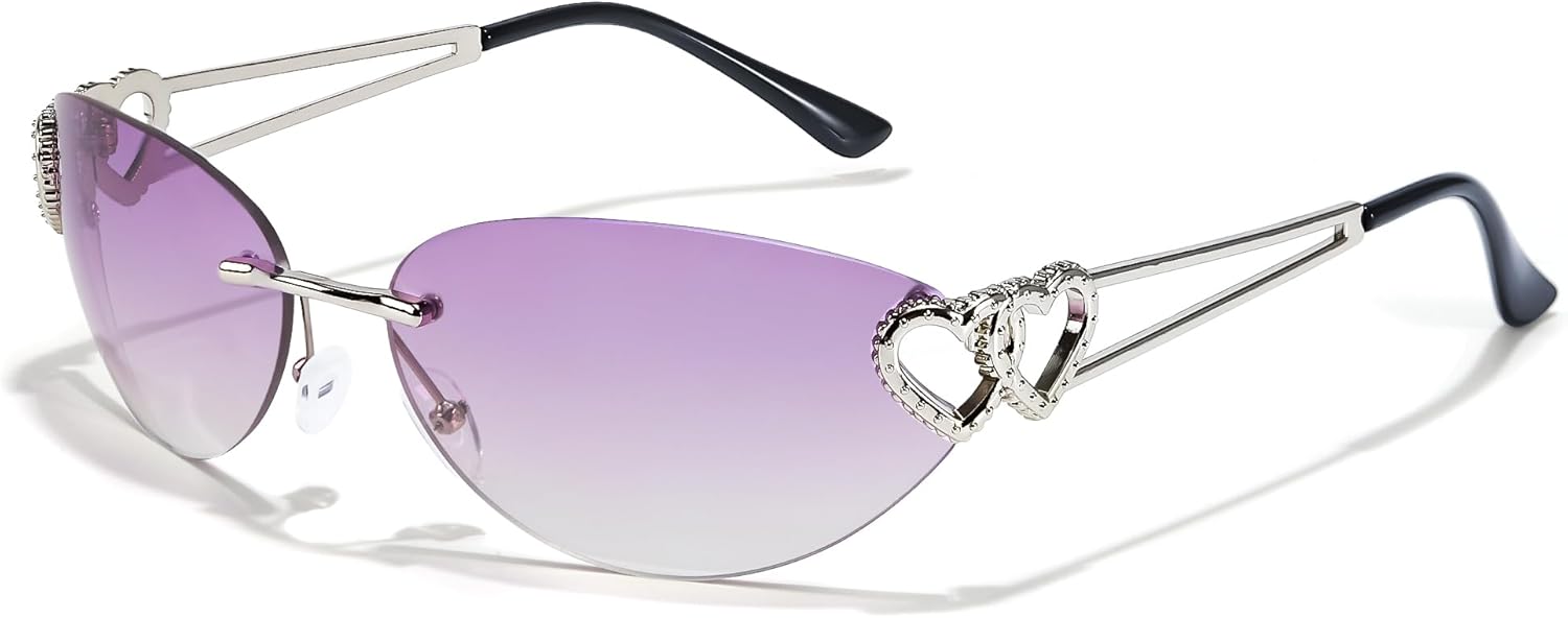 Винтажные солнцезащитные очки FancyPink без оправы с двойным сердцем для женщин - обтекаемая оправа, модные очки в стиле Y2K 2000-х годов, A03-sliver Frame Pueple Lenses
Винтажные солнцезащитные очки FancyPink без оправы с двойным сердцем для женщин - обтекаемая оправа, модные очки в стиле Y2K 2000-х годов, A03-sliver Frame Pueple Lenses