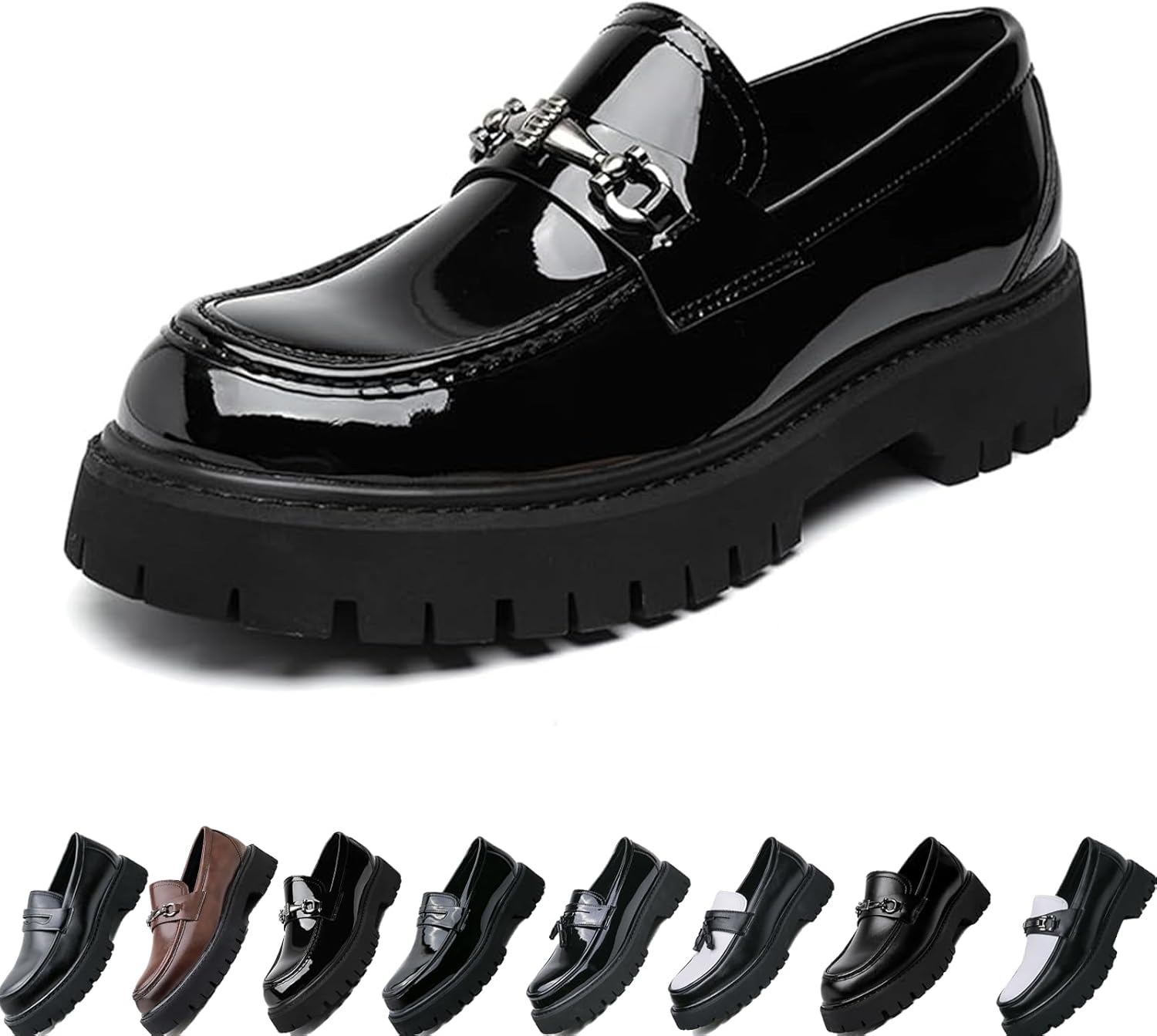 Мужские лоферы на платформе из лакированной кожи, удобные, с противоскользящей подошвой, с круглым носком, стильные деловые туфли без шнурков для работы и повседневной носки Generic, черный
Мужские лоферы на платформе из лакированной кожи, удобные, с противоскользящей подошвой, с круглым носком, стильные деловые туфли без шнурков для работы и повседневной носки Generic, черный