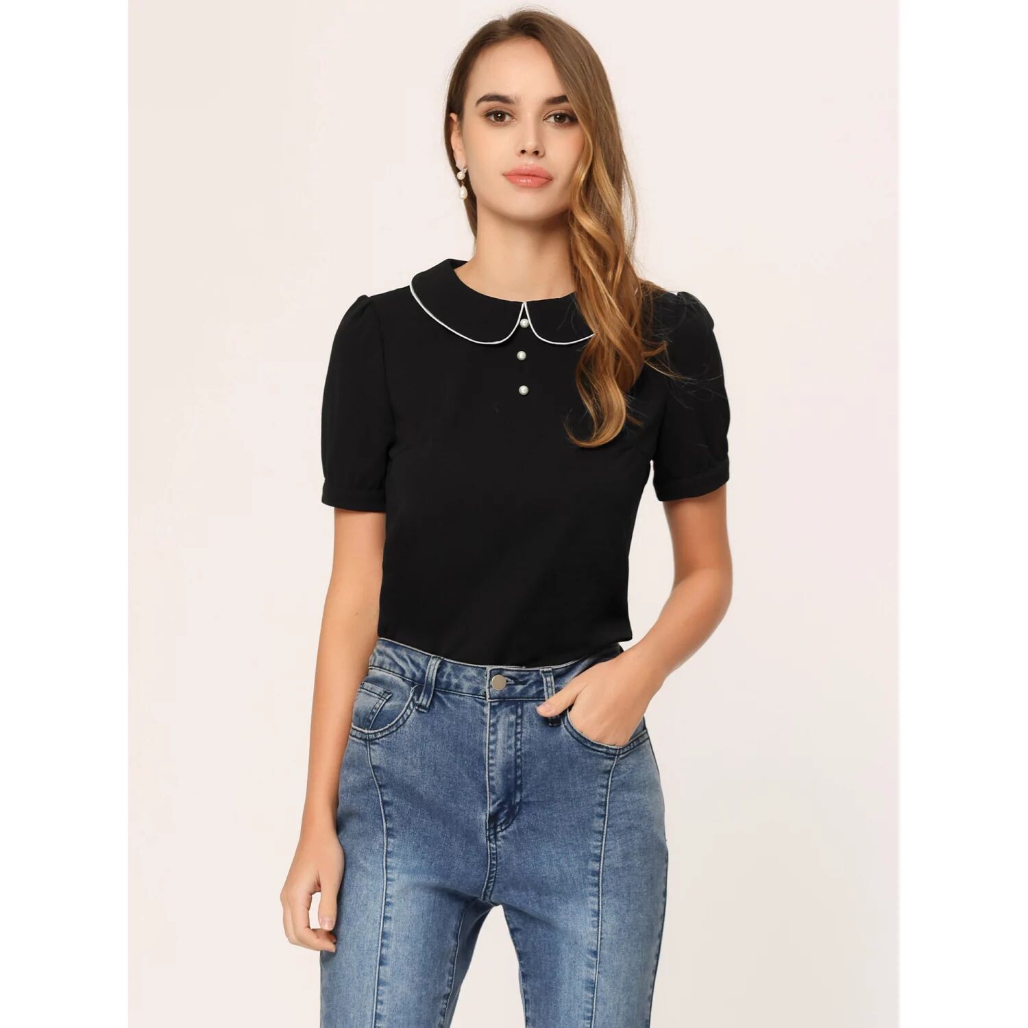 Женская летняя блузка с воротником Питера Пэна и контрастной отделкой, короткими рукавами и топом ALLEGRA K, черный
Женская летняя блузка с воротником Питера Пэна и контрастной отделкой, короткими рукавами и топом ALLEGRA K, черный