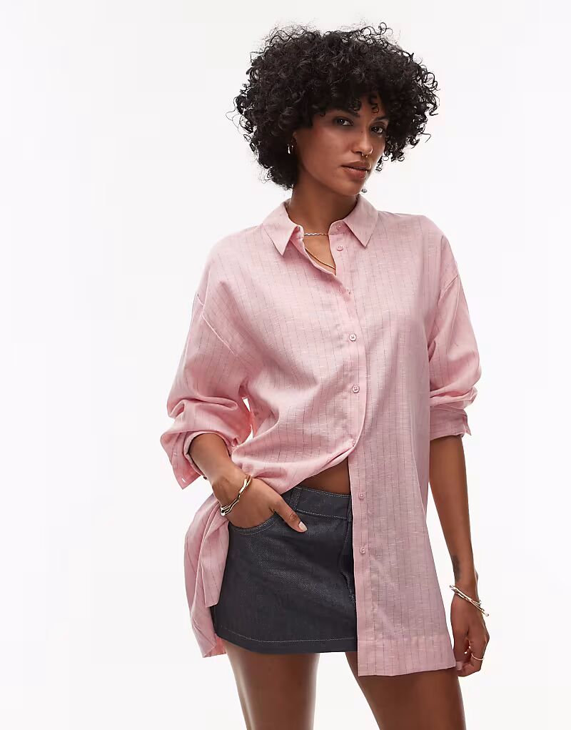 Рубашка Topshop из льна розового цвета с синей полоской
Рубашка Topshop из льна розового цвета с синей полоской