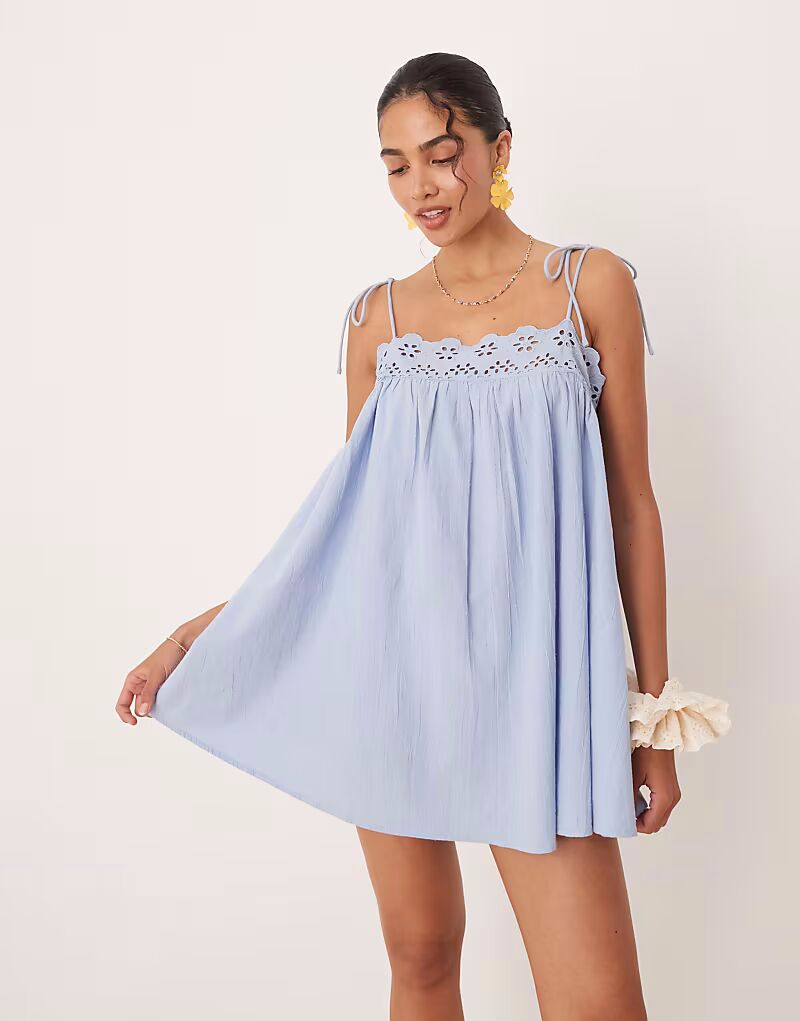 Пляжное мини-платье ASOS DESIGN Fern с отделкой ришелье в цвете «ледяной голубой»