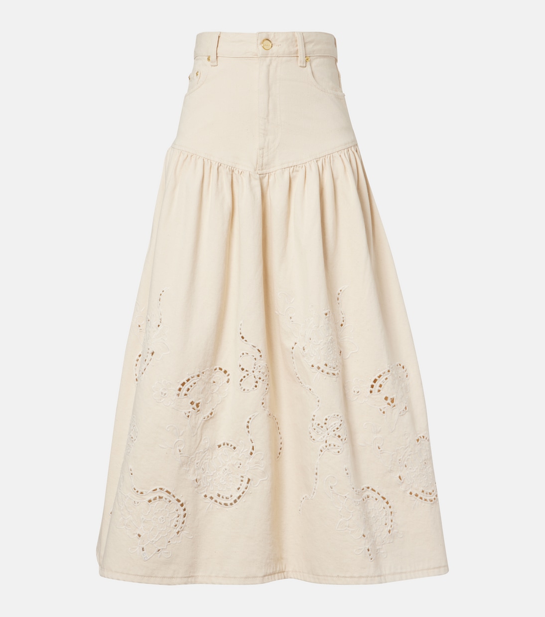 Юбка из джинсовой ткани с вышивкой "бродери" и сборками Ganni, Egret
Юбка из джинсовой ткани с вышивкой "бродери" и сборками Ganni, Egret