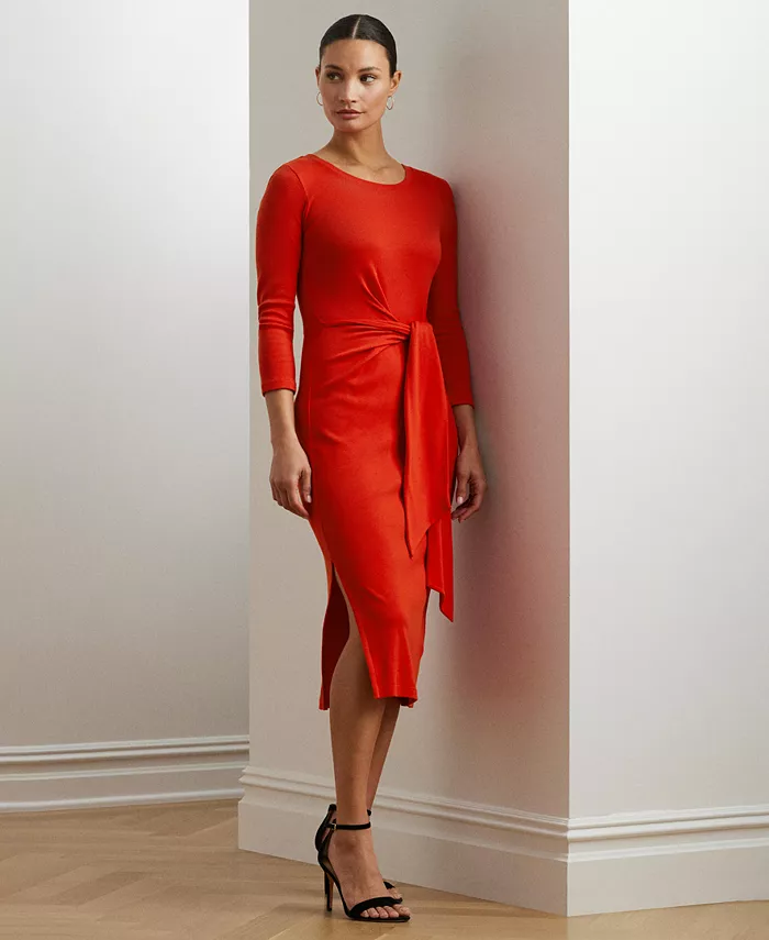 Женское платье с запахом из хлопковой ткани с круглым вырезом Lauren Ralph Lauren, красный 
Женское платье с запахом из хлопковой ткани с круглым вырезом Lauren Ralph Lauren, красный