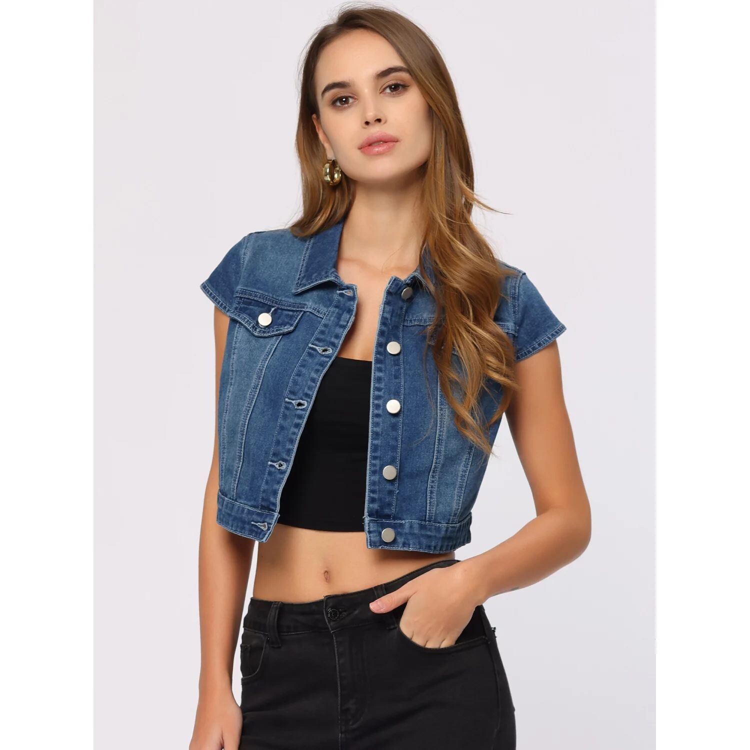 Женские летние джинсовые куртки, укороченная джинсовая куртка на пуговицах с короткими рукавами ALLEGRA K, синий
Женские летние джинсовые куртки, укороченная джинсовая куртка на пуговицах с короткими рукавами ALLEGRA K, синий