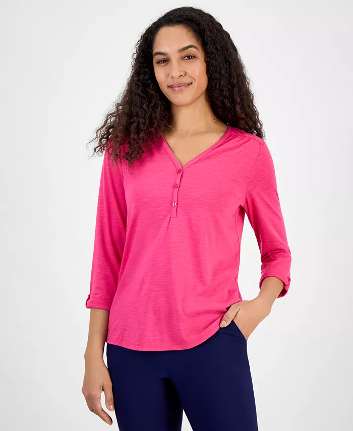 Женский топ с драпировкой, манжетами на рукавах и воротником хенли Kasper, розовый
Женский топ с драпировкой, манжетами на рукавах и воротником хенли Kasper, розовый