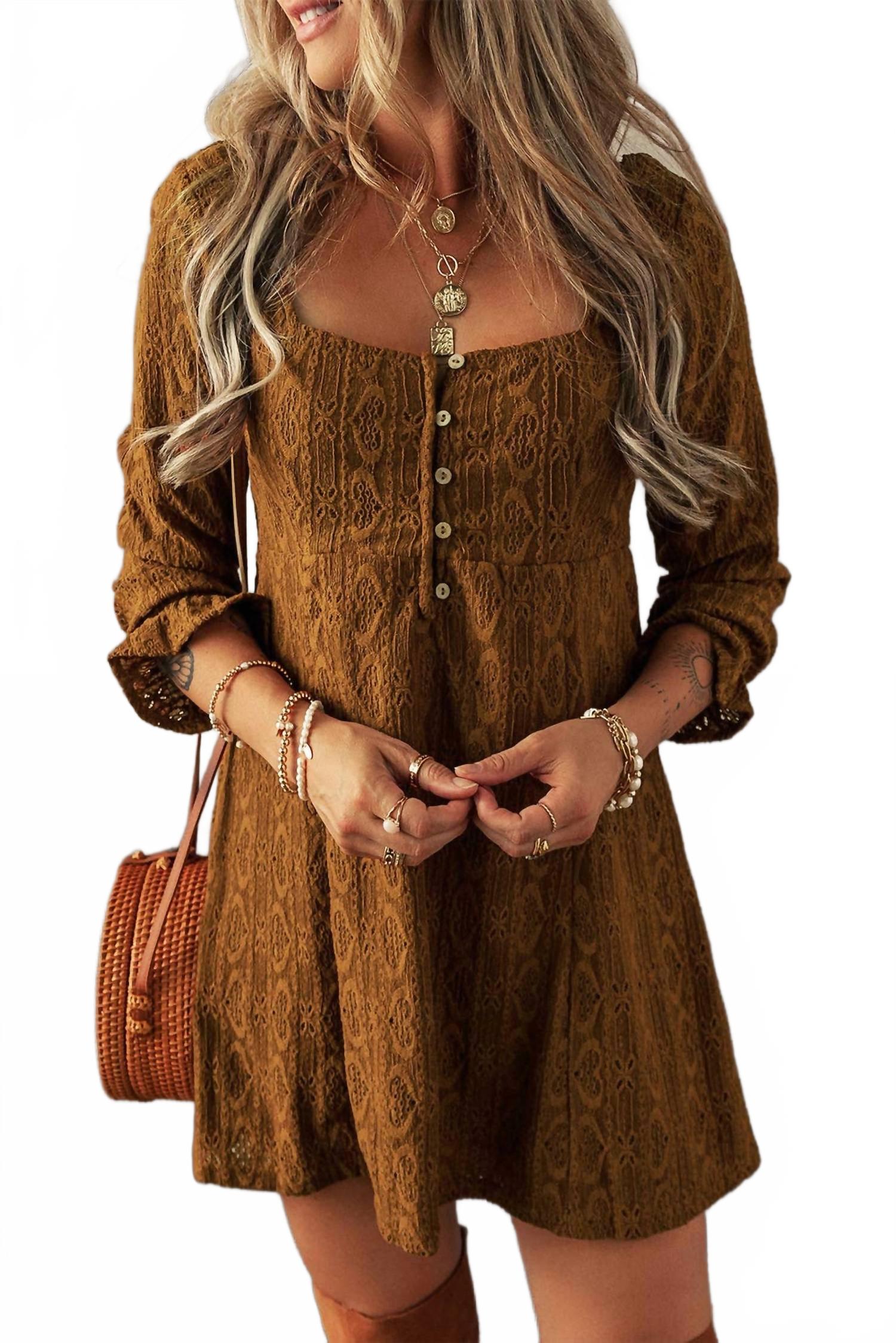 Кружевное платье-трапеция с воротником квадратного выреза и пуговицами, цвет каштан Full Time Purchase, Chestnut
Кружевное платье-трапеция с воротником квадратного выреза и пуговицами, цвет каштан Full Time Purchase, Chestnut