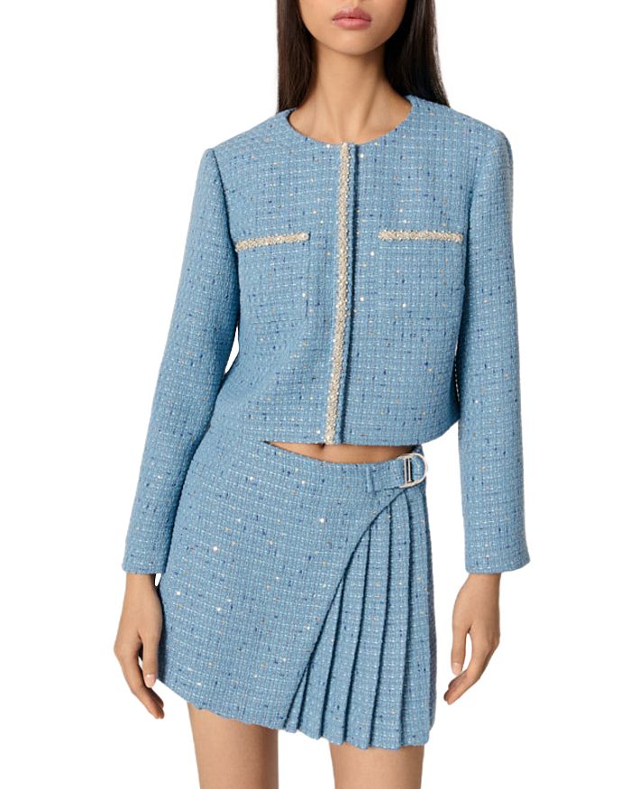 Короткий твидовый пиджак, украшенный пайетками Maje, синий
Короткий твидовый пиджак, украшенный пайетками Maje, синий