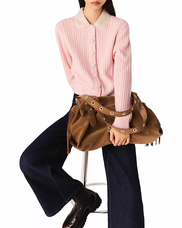 Миниатюрный кардиган крупной вязки с декором. Maje, розовый
Миниатюрный кардиган крупной вязки с декором. Maje, розовый