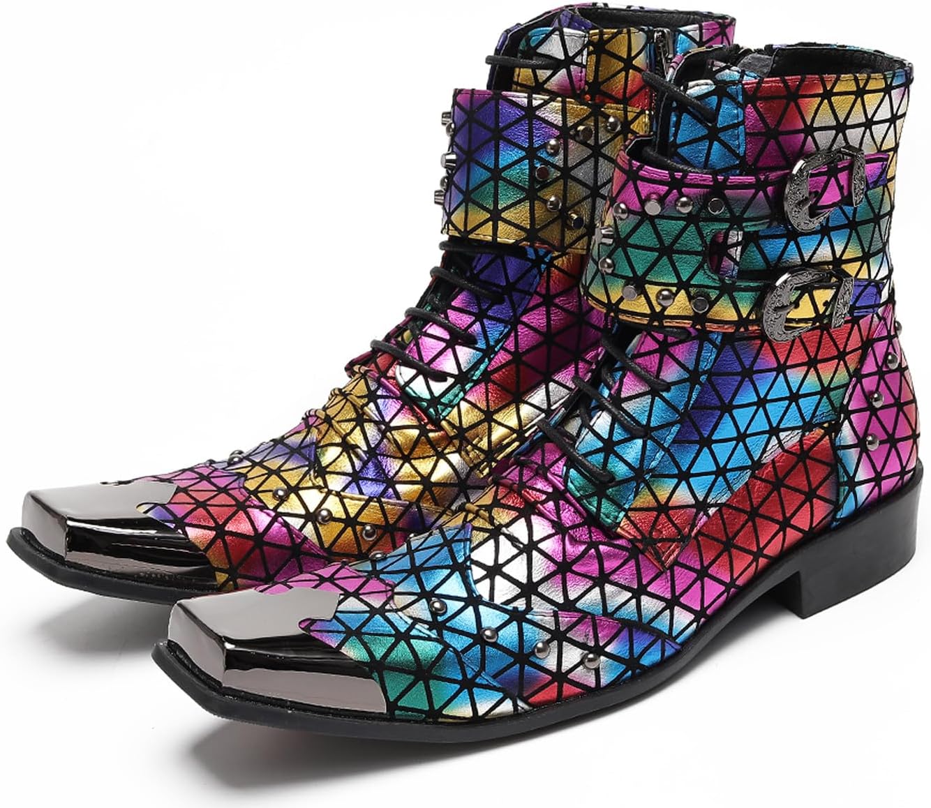 Мужские кожаные панк-вестерн ботинки Santimon - радужный геометрический узор, металлический заостренный носок, готические ботинки с пряжкой для концертов, косплея и сценических выступлений, Color
Мужские кожаные панк-вестерн ботинки Santimon - радужный геометрический узор, металлический заостренный носок, готические ботинки с пряжкой для концертов, косплея и сценических выступлений, Color