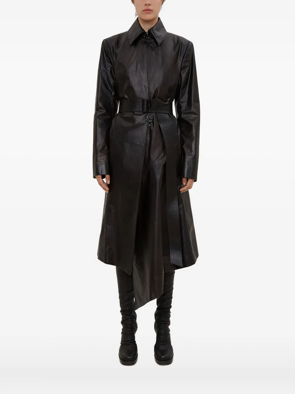 Кожаное пальто с поясом и заостренным воротником Olivier Theyskens, черный
Кожаное пальто с поясом и заостренным воротником Olivier Theyskens, черный