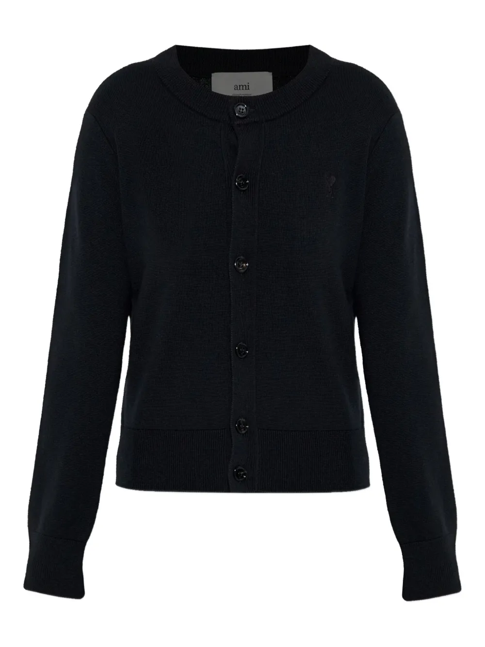 Шерстяной кардиган с вышитыми пуговицами в виде сердца AMI Paris, черный 
Шерстяной кардиган с вышитыми пуговицами в виде сердца AMI Paris, черный