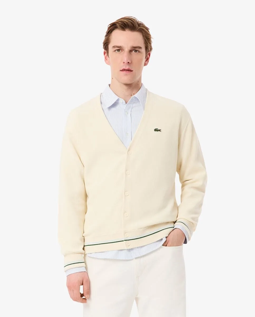 Мужская хлопковая вязная куртка в тонкую полоску свободного кроя белого цвета Lacoste
Мужская хлопковая вязная куртка в тонкую полоску свободного кроя белого цвета Lacoste