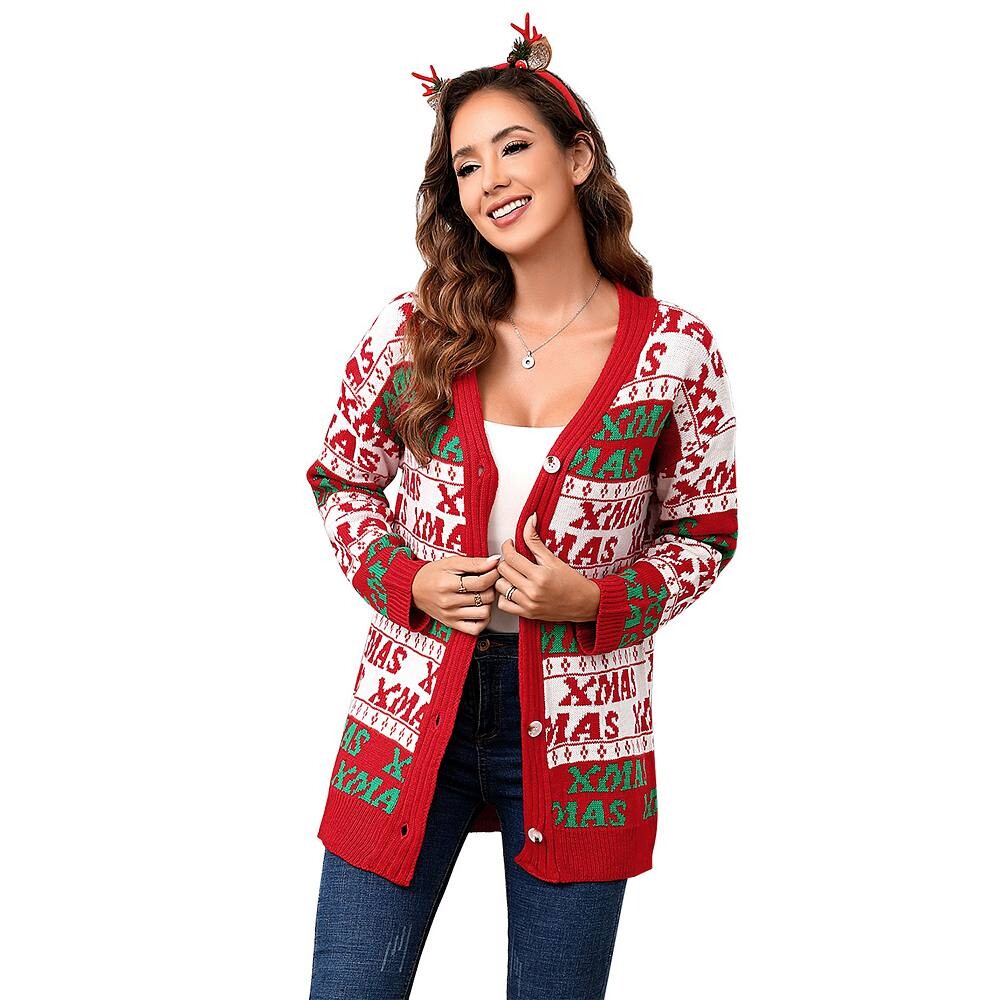 Женский уродливый рождественский кардиган, свитер с длинным рукавом на пуговицах и V-образным вырезом Kojooin, красный
Женский уродливый рождественский кардиган, свитер с длинным рукавом на пуговицах и V-образным вырезом Kojooin, красный