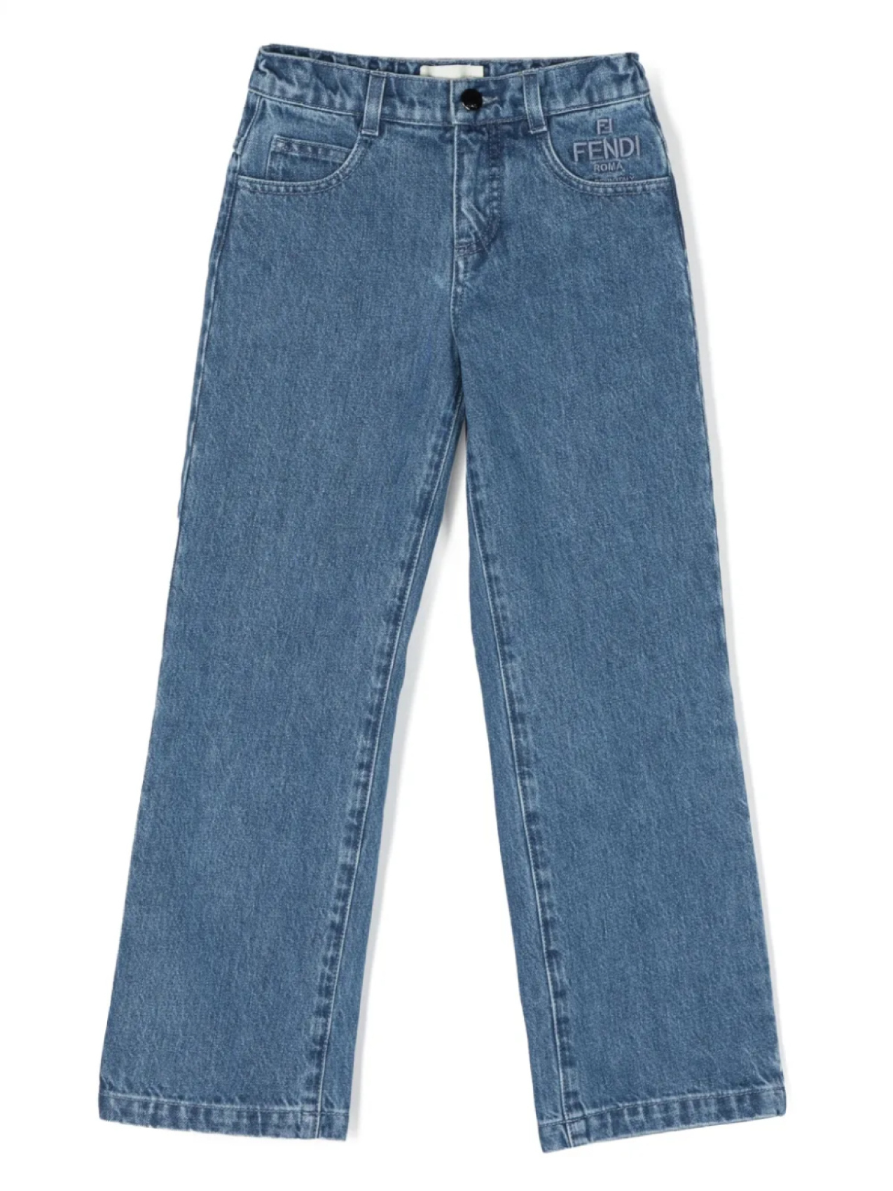 Прямые джинсы с вышитым логотипом Fendi Kids, синий 
Прямые джинсы с вышитым логотипом Fendi Kids, синий