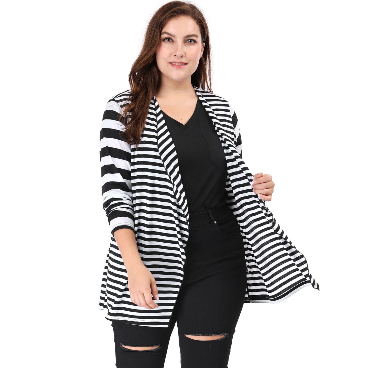 Женский кардиган в смешанную полоску с открытым передом и длинными рукавами больших размеров Agnes Orinda, черный
Женский кардиган в смешанную полоску с открытым передом и длинными рукавами больших размеров Agnes Orinda, черный