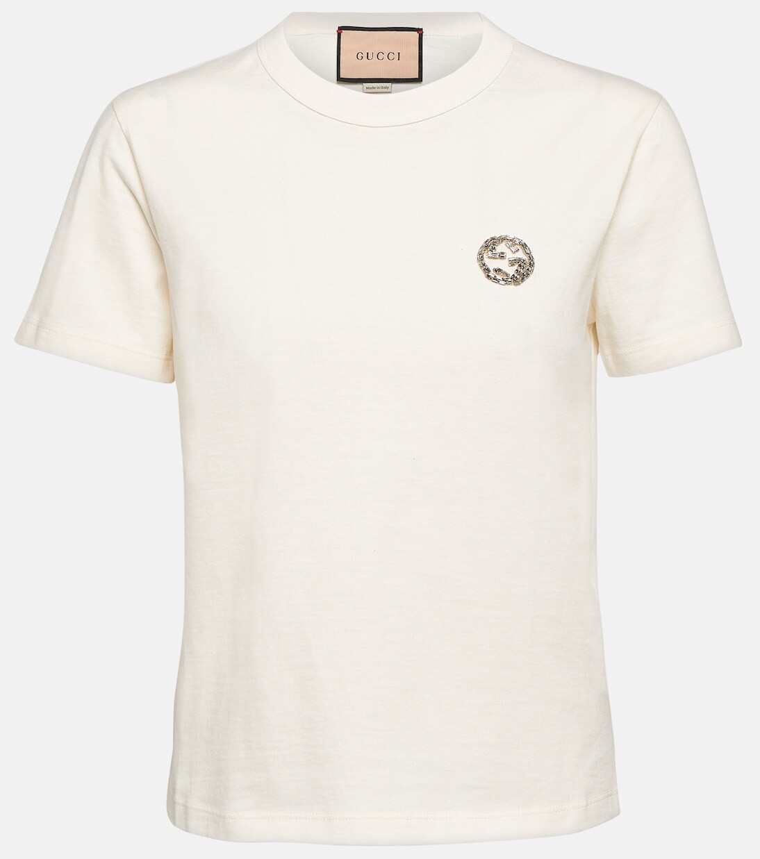 Футболка из хлопкового джерси с украшением Gucci, белый 
Футболка из хлопкового джерси с украшением Gucci, белый