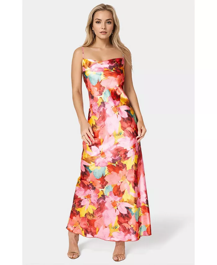 Женское атласное платье макси с принтом Bebe, розовый 
Женское атласное платье макси с принтом Bebe, розовый