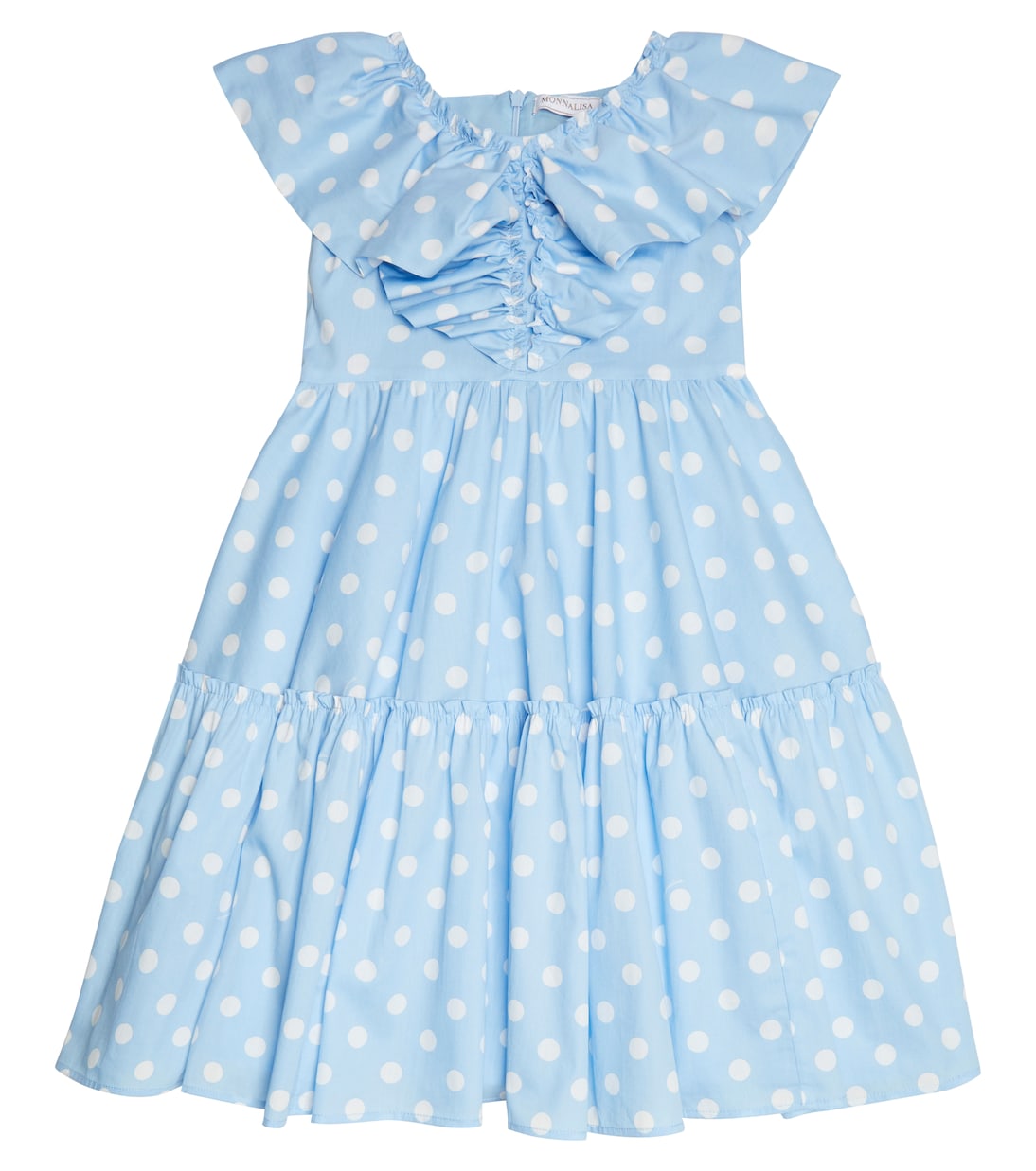 Многоярусное хлопковое платье с оборками в горошек Monnalisa, Celeste+Panna 
Многоярусное хлопковое платье с оборками в горошек Monnalisa, Celeste+Panna