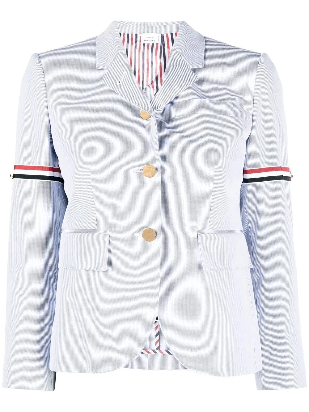 Однобортный пиджак с полосками RWB Thom Browne, синий
Однобортный пиджак с полосками RWB Thom Browne, синий