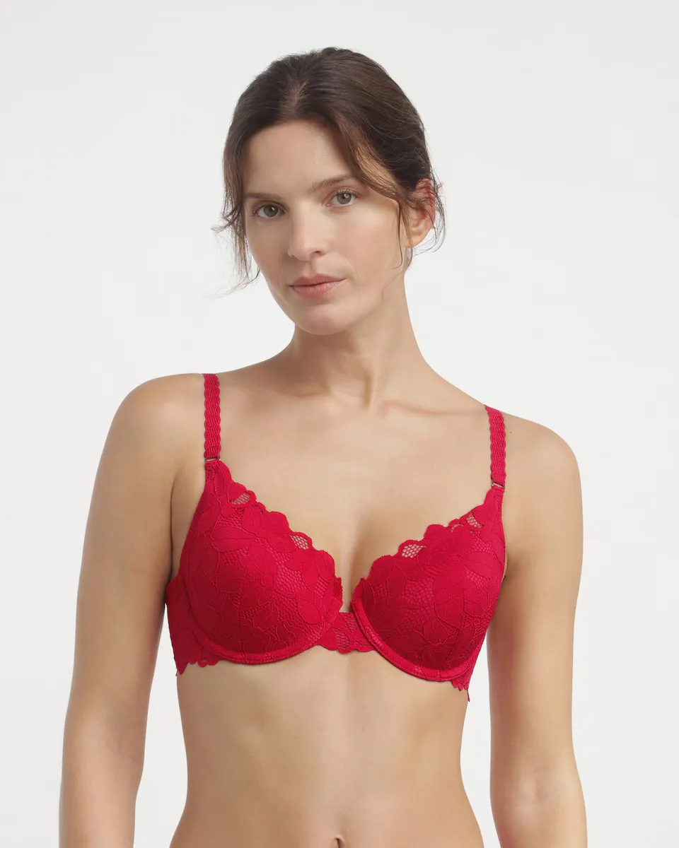 Бюстгальтер с треугольными чашечками на косточках из цветочного кружева Dim, красный 
Бюстгальтер с треугольными чашечками на косточках из цветочного кружева Dim, красный