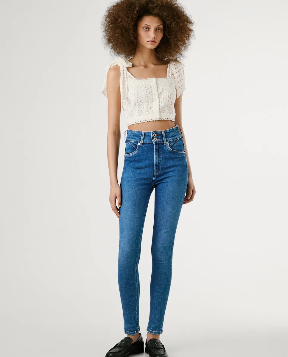 Женские джинсы-скинни с высокой посадкой и двойной застежкой на пуговицах Pepe Jeans, синий 
Женские джинсы-скинни с высокой посадкой и двойной застежкой на пуговицах Pepe Jeans, синий