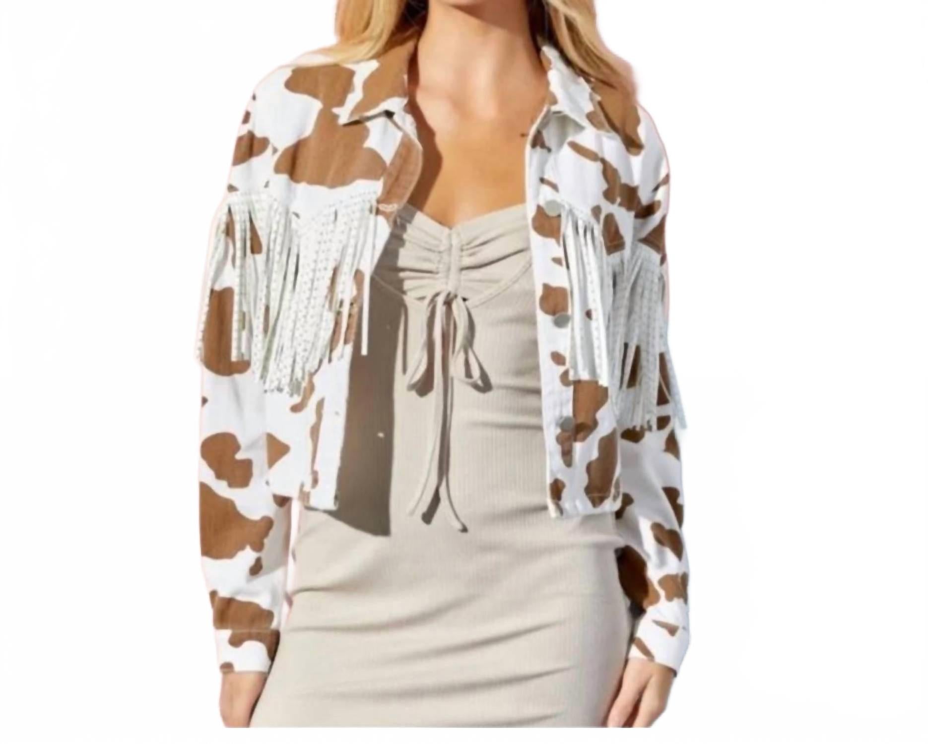 Полуночное родео джинсовая куртка с коровьим принтом и кисточками в коричнево-белом цвете Baevely by Wellmade
Полуночное родео джинсовая куртка с коровьим принтом и кисточками в коричнево-белом цвете Baevely by Wellmade