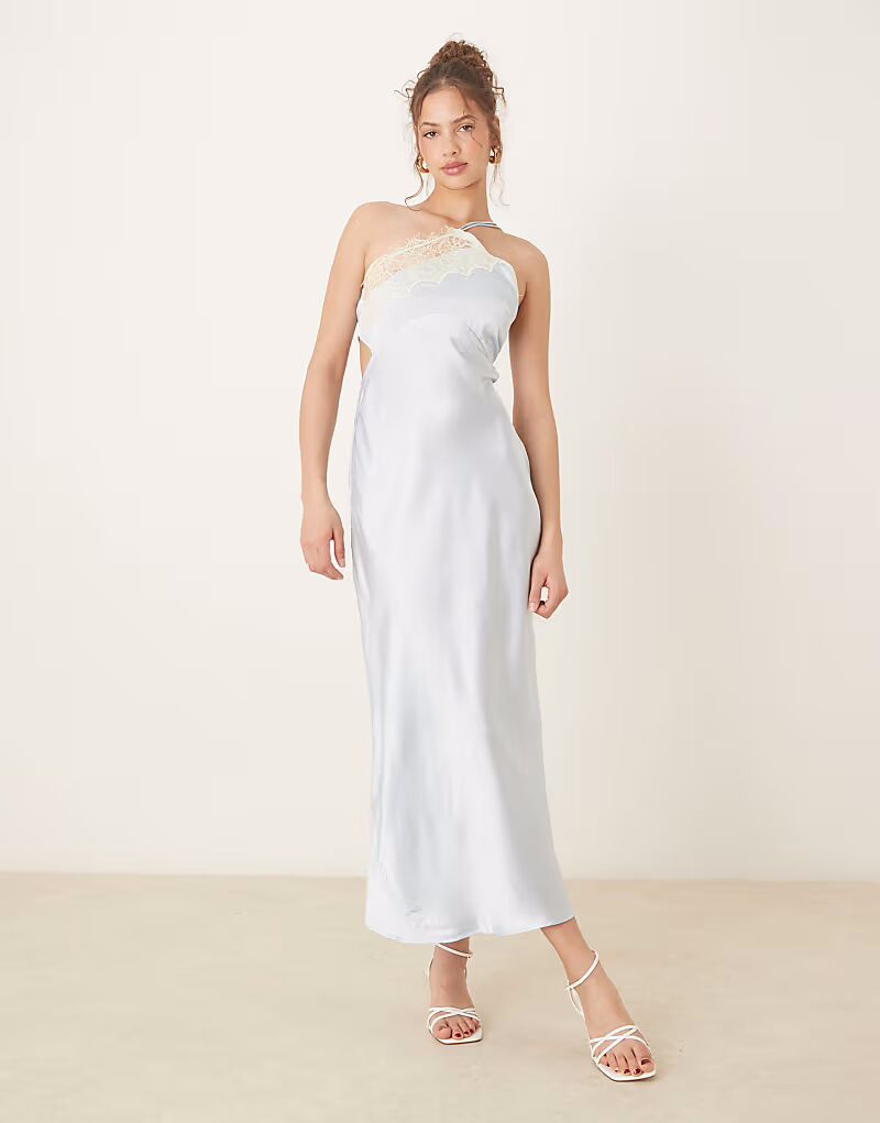 Платье-комбинация миди с асимметричным лифом и кружевом ASOS DESIGN нежно-голубого цвета 
Платье-комбинация миди с асимметричным лифом и кружевом ASOS DESIGN нежно-голубого цвета