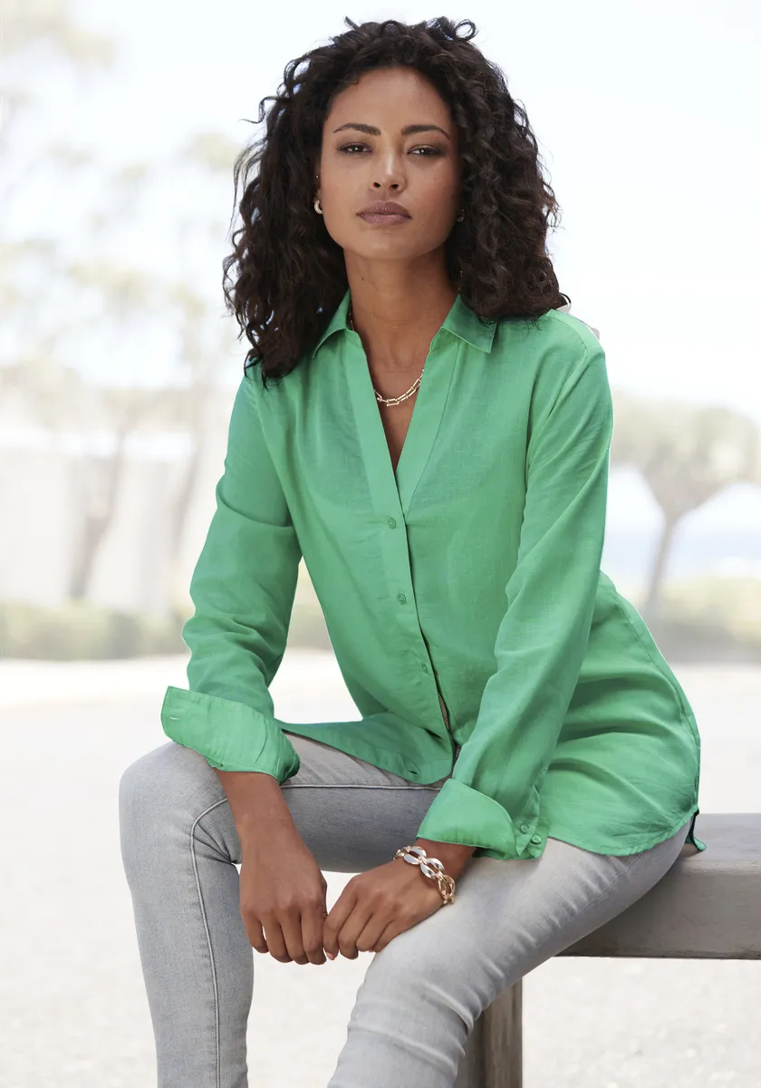 Блузка-рубашка LASCANA из смесового льна, женская блузка с рубашечным воротником и планкой на пуговицах, зеленый
Блузка-рубашка LASCANA из смесового льна, женская блузка с рубашечным воротником и планкой на пуговицах, зеленый