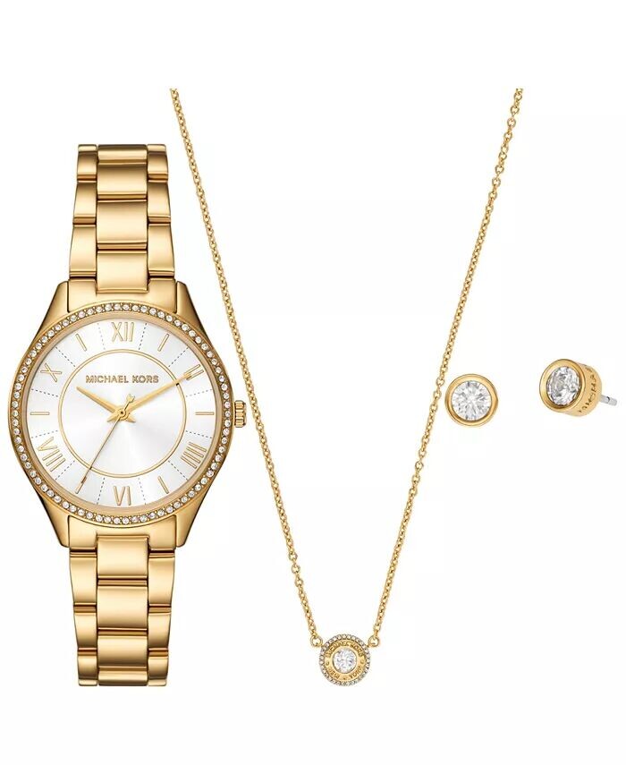 Женские подарочный набор из золотистых часов, серег и ожерелья из нержавеющей стали Lauryn с тремя стрелками, 33 мм Michael Kors
Женские подарочный набор из золотистых часов, серег и ожерелья из нержавеющей стали Lauryn с тремя стрелками, 33 мм Michael Kors