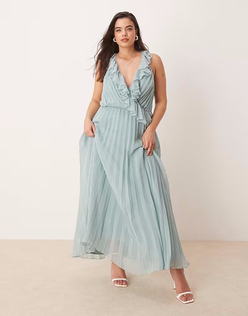 Платье миди с оборками и запахом ASOS DESIGN Curve в шалфейно-зеленом цвете ASOS Curve