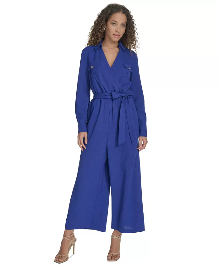 Женский комбинезон с длинными рукавами и поясом-галстуком Calvin Klein, синий 
Женский комбинезон с длинными рукавами и поясом-галстуком Calvin Klein, синий